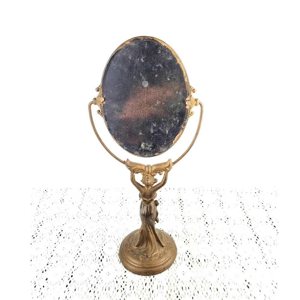 Antique 1910s Art Nouveau Woman Cast Iron or Bronze Vanity Lady Holding Mirror